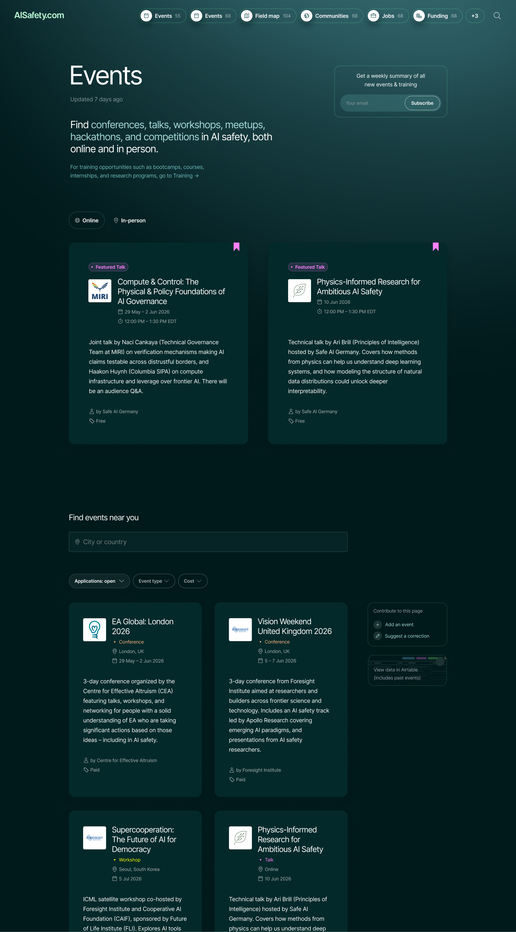 Full-length screenshot of the redesigned events and training page